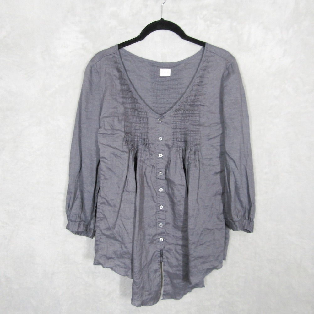 Poetry Womens Linen Pintuck Pleated Tunic Blouse Gray Blue V-Neck 3/4 Sleeve